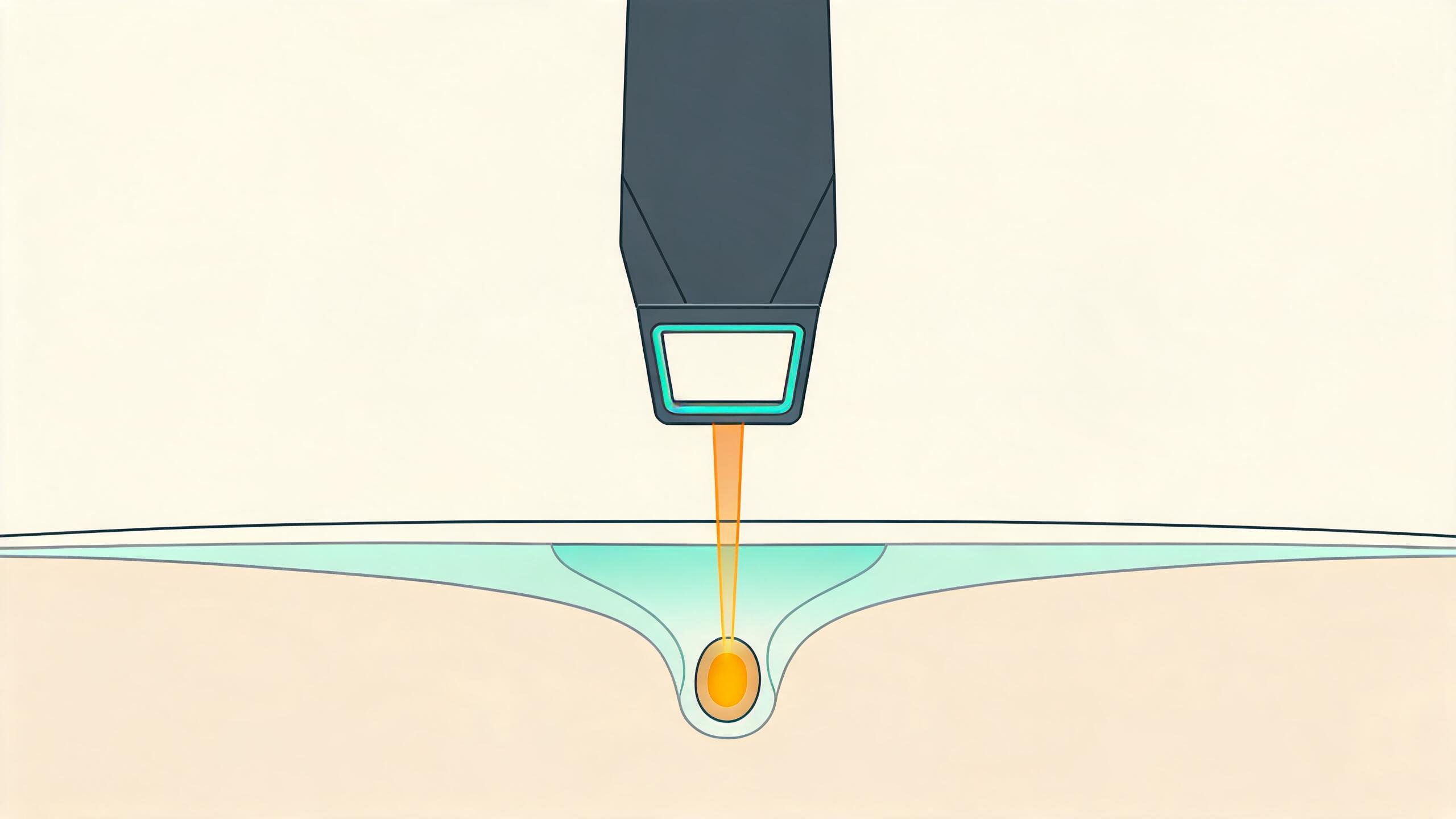 Schematic: 808 nm light from a diode handpiece passing a cooled sapphire window into a hair follicle