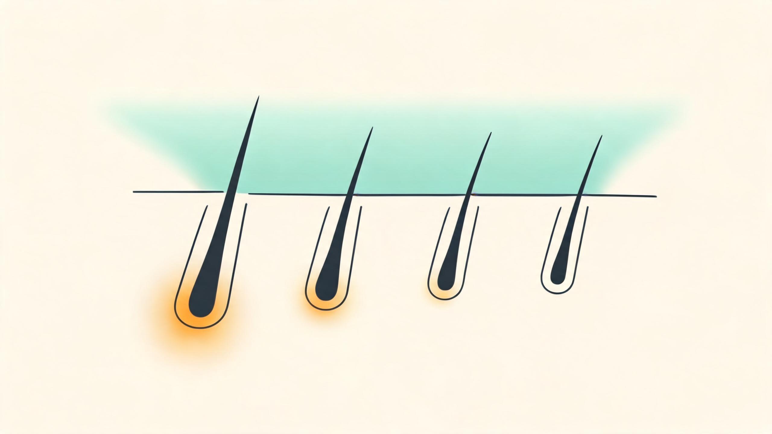 Schematic: hair growth cycle across a patch of skin, with only the actively growing follicles responding to laser light